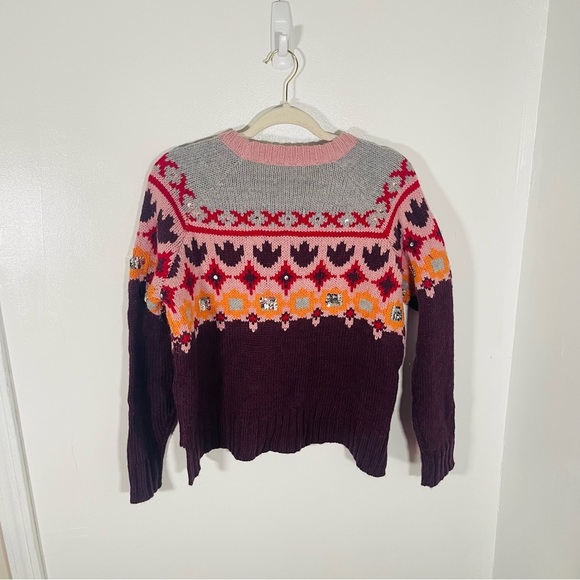 Cinq A Sept Gianni Fair Isle Sweater Wool Blend Knit Sequins Studded Preppy - Picture 7 of 10